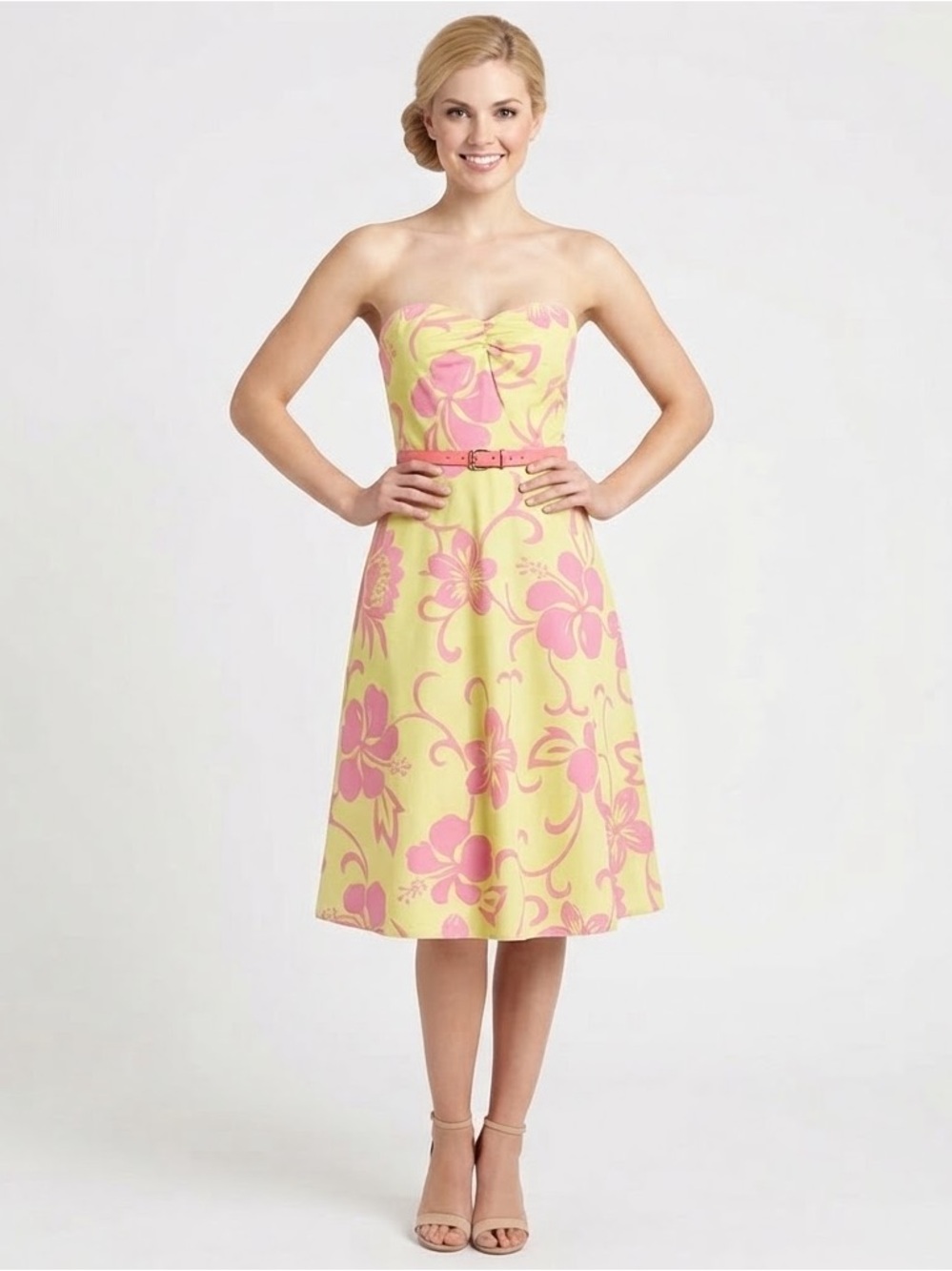 Trina Turk Floral Hibiscus Dress Yellow Pink Summer Tea SWING EASTER SPRING